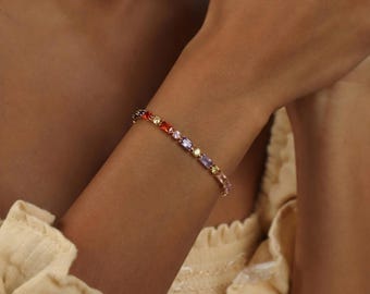 18K Birthstone Bangle, Custom 7 Stone Bracelet, Dainty  Stackable Bracelet, Everyday Bracelet, Birthday Gift for Her, Valentine's Day Gift