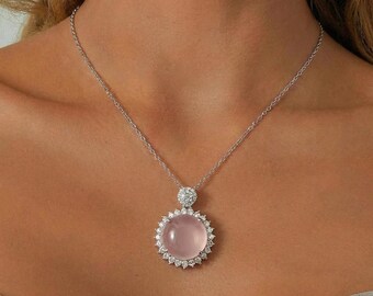 Pink Chalcedony Necklace, CZ Halo Pendant, 18K Gold Plated