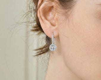 Birthstone Drop Earrings, Dainty Sterling Silver Dangle Hoop Earrings, Custom Jewelry, Bridal Shower Gift, Wedding Earrings for Brides,