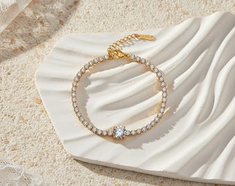 スターリングシルバー製モアッサナイトテニスブレスレット、ソリティアセンターブライダルジュエリー