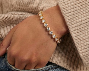 18K Gold Geometric Bracelet ,14k Gold  Bezel Lab Diamond Bracelet, Tennis Bracelets ,Birthday Gift, Valentine's Day gift