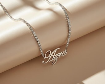 Collar de tenis personalizado de oro de 18 quilates con nombre y diamantes, joyería con escritura personalizada