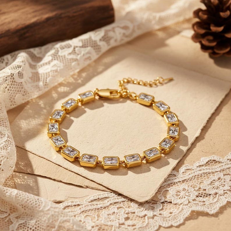 18K Gold Geometric Bracelet ,14k Gold Bezel Lab Diamond Bracelet, Tennis Bracelets ,Birthday Gift, Valentine's Day gift image 9