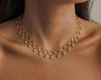 18Kゴールドメッキの幾何学模様チョーカーネックレス、パヴェジルコンのステートメントチェーン