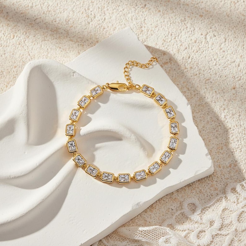 18K Gold Geometric Bracelet ,14k Gold Bezel Lab Diamond Bracelet, Tennis Bracelets ,Birthday Gift, Valentine's Day gift style 2