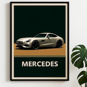 Mercedes-Benz Poster - Minimalistische Luxusauto-Wandkunst, silberner Mercedes Mercedes Mercedes Sport für Garage, Büro oder Herrenzimmer-Dekor