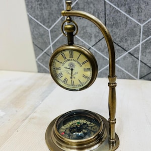 Op de afbeelding: Een vintage messing bureauklok- en kompas set. De wijzerplaat leest "Victoria London 1876" met Romeinse cijfers. Het kompas is geplaatst in een messing voet.