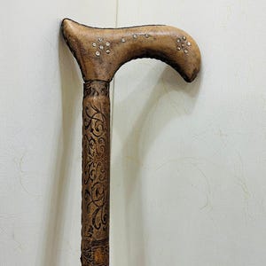 Engraved Leather Wooden Walking Stick - Rosewood Cane, 3-Fold