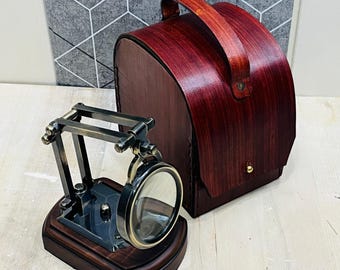 Brass Magnifying Glass with Wooden Lamp Type Stand Vintage Antique Magnifier Reading Lens