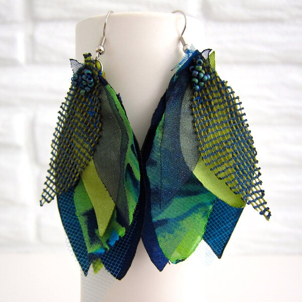 Earrings - Fabric - Bohemian - Blue, Green, Lime, Aqua, Teal, Navy - Handmade