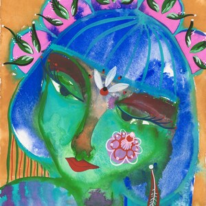 May include: Watercolour painting of a stylised face with blue hair and a pink and green floral crown. The face is painted in shades of green and has red lips and a flower on the cheek. Signed "M.H. 2021".