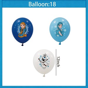 Może przedstawiać: Trzy okrągłe balony z postaciami z kresk&oacute;wek. Jeden jest granatowy z księżniczką, drugi jasnoniebieski z księżniczką, a trzeci biały ze śnieżynką. Balony mają średnicę około 30 cm. U g&oacute;ry znajduje się napis "Balloon:18".