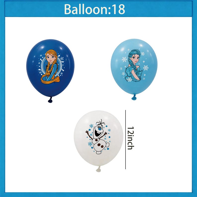 Może przedstawiać: Trzy okrągłe balony z postaciami z kresk&oacute;wek. Jeden jest granatowy z księżniczką, drugi jasnoniebieski z księżniczką, a trzeci biały ze śnieżynką. Balony mają średnicę około 30 cm. U g&oacute;ry znajduje się napis "Balloon:18".