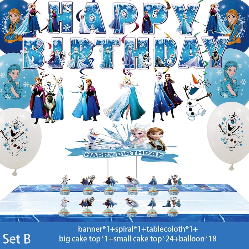 Może przedstawiać: Zestaw dekoracji na przyjęcie urodzinowe z banerem "Happy Birthday" i wizerunkami postaci z kresk&oacute;wek. Zestaw zawiera balony, dekoracje na tort i dekoracje na babeczki w kolorach niebieskim i białym. Widoczny jest napis "Happy Birthday".