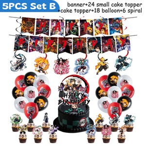 May include: A birthday party decoration set with a banner, cake topper, balloons, and cupcake toppers. The banner spells "HAPPY BIRTHAY" with character illustrations. Balloons are red, black, and white. The cake is black with a green checkered pattern.