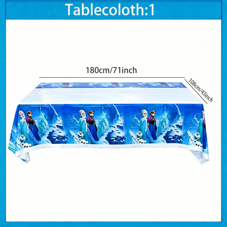 Może przedstawiać: Niebieski obrus z postaciami z popularnego filmu animowanego. Obrus ma 180 cm długości i 108 cm szerokości. Tekst "Tablecloth:1" znajduje się na g&oacute;rze. Projekt zawiera obrazy dw&oacute;ch księżniczek i bałwana.