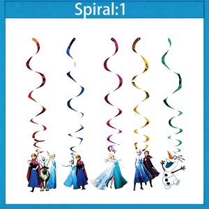 Może przedstawiać: Kolorowe spiralne dekoracje z postaciami z filmu Kraina Lodu. Spirale są w odcieniach czerwieni, niebieskiego, fioletu, złota i zieleni. Tekst "Spiral:1" znajduje się na g&oacute;rze obrazu.