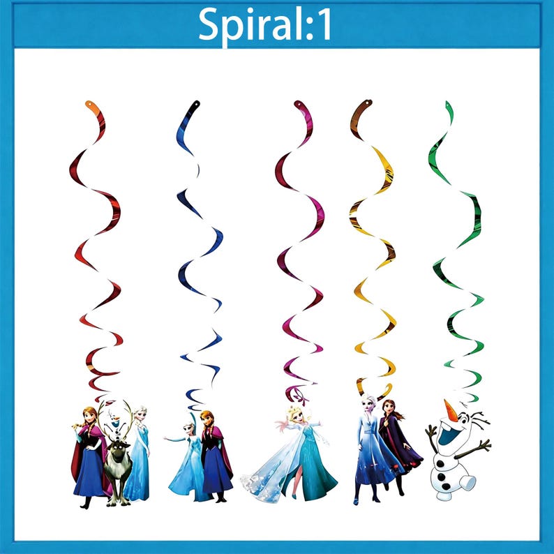 Może przedstawiać: Kolorowe spiralne dekoracje z postaciami z filmu Kraina Lodu. Spirale są w odcieniach czerwieni, niebieskiego, fioletu, złota i zieleni. Tekst "Spiral:1" znajduje się na g&oacute;rze obrazu.