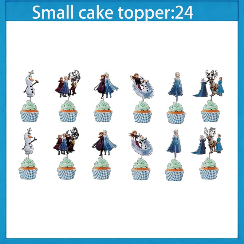Może przedstawiać: Zestaw dwunastu babeczek z jasnozielonym lukrem i niebiesko-białymi kratowanymi papilotkami. Każda babeczka zwieńczona jest postacią z filmu Kraina Lodu. U g&oacute;ry widnieje napis "Small cake topper:24".