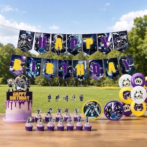 May include: A party decoration set featuring a "HAPPY BIRTHDAY" banner with purple and yellow letters, a cake topper with characters, purple-frosted cake, cupcake toppers, and balloons with character prints in purple, yellow, and white.