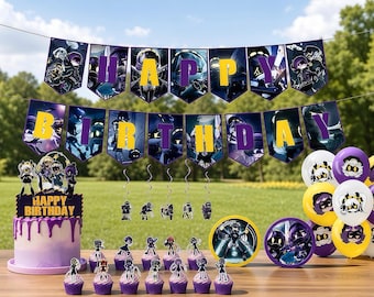 Set di articoli per la festa di compleanno a tema "Murder Drones": striscione, palloncino, decorazione per torta, adesivi, ghirlande da appendere, decorazioni per feste di compleanno per figlio/figlia/bambino.