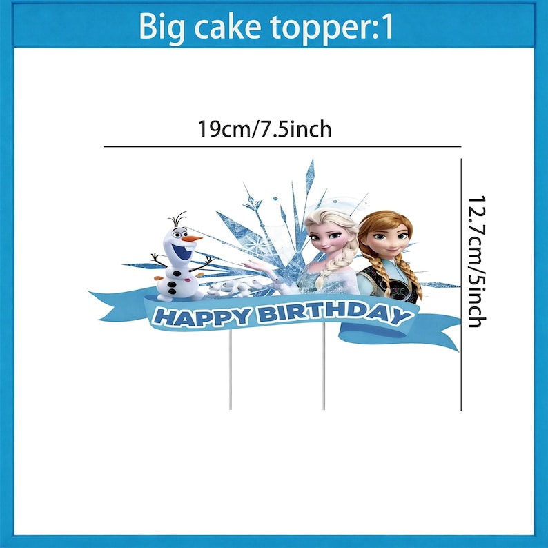 Może przedstawiać: Topper na ciasto z postaciami z filmu Kraina Lodu, w tym Olafem, Elsą i Anną, z niebieską wstążką z napisem "Happy Birthday". Topper ma 19 cm szerokości i 12,7 cm wysokości.