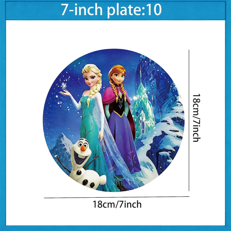Może przedstawiać: Okrągły talerz z Elsą i Anną z filmu Kraina Lodu, z bałwanem Olafem. Talerz ma średnicę 18 cm (7 cali). Tło to zaśnieżony krajobraz.