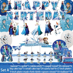 Może przedstawiać: Zestaw artykuł&oacute;w na przyjęcie z motywem Krainy Lodu, z banerem "Happy Birthday" i balonami. Zestaw zawiera talerze, kubki, serwetki i dekoracje na babeczki. Dominująca kolorystyka to niebieski i biały.