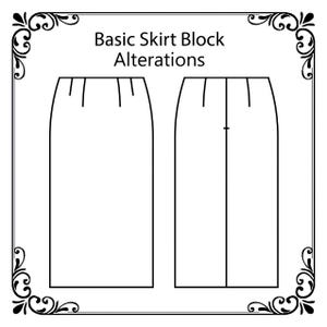 Puede incluir: Ilustración en blanco y negro de dos patrones de falda. El texto "Basic Skirt Block Alterations" está en la parte superior. Las faldas están delineadas con líneas negras y tienen líneas verticales que indican pinzas y una costura central.