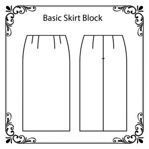 Peut inclure: Illustration en noir et blanc d'un patron de base de jupe. L'image montre une vue de face et de dos d'une jupe, avec le texte "Basic Skirt Block" en haut. Le dessin est encadré dans un cadre décoratif.