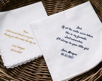 Personalized Wedding Handkerchief - Custom Embroidered Hanky - Happy Tears Gift for Mom Dad Groom, Wedding Keepsake
