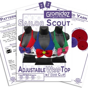 May include: A crochet pattern for a Sailor Scout inspired adjustable wrap top with a bow clip. The pattern includes instructions for making the top in three different color combinations: red, white, and blue; green, white, and pink; and blue, white, and green. The pattern is labeled as "Intermediate" skill level.