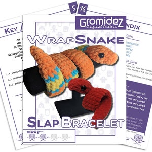 Può includere: Uno schema a uncinetto per un braccialetto a forma di serpente. Lo schema include le istruzioni per realizzare un serpente rosso, arancione e giallo con una base nera. Lo schema è intitolato "Wrap Snake Slap Bracelet" e include il sito web "Gromidez.com".