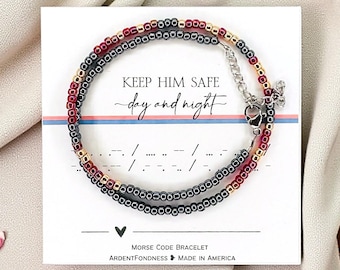Keep Him Safe Day and Night Morse Code Beaded Bracelet for US Military Family Prayer Gift Keepsake USA United States Jewelry Patriotic Wife