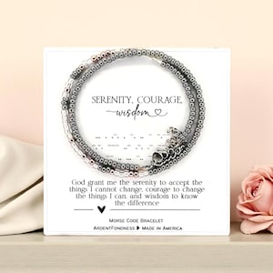 Serenity Courage Wisdom Morse Code Prayer Beaded Bracelet, Empowerment Gift for Her, AA Sobriety Jewelry for Women Silver Rose Gold Pray