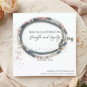 She Is Clothed in Strength and Dignity Morse Code Bracelet – Proverbs 31:25 Christian Gift for Daughter or Friend, Faith Jewelry for Women