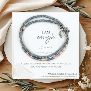 I Am Enough Affirmation Morse Code Bracelet | Dainty Glass Bead Self Care Gift