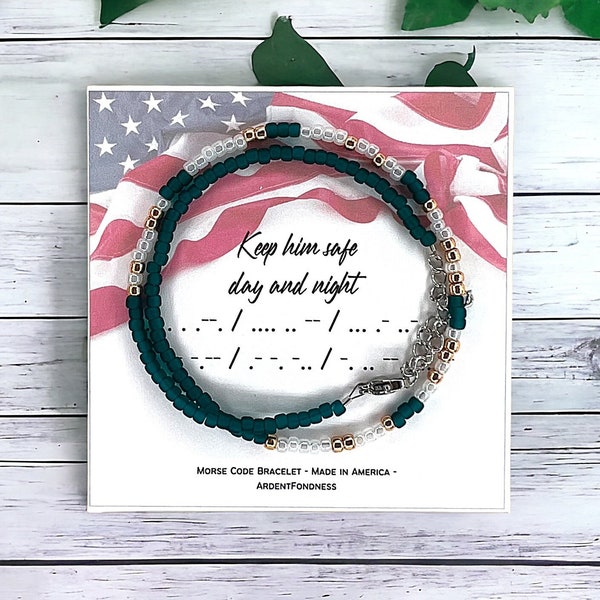 Keep Him Safe Day and Night Morse Code Prayer Bracelet United States Military Protection Prayer Jewelry for Mom Girlfriend Wife Daughter