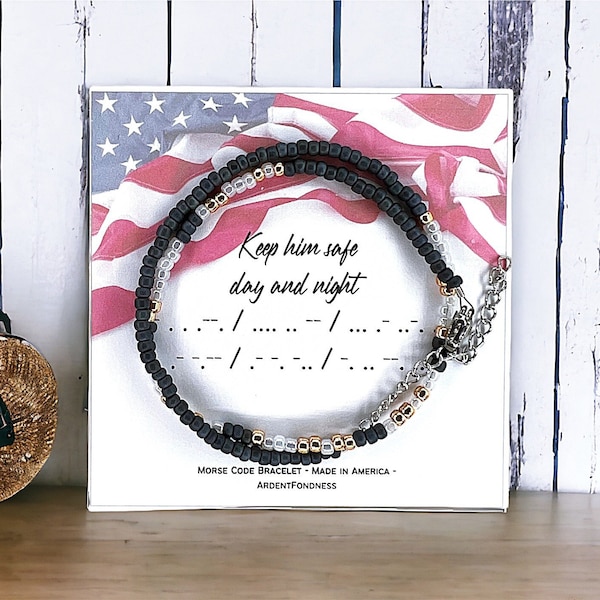 Keep Him Safe Day and Night Morse Code Prayer Bracelet, Military Mom Girlfriend Wife Graduation Gift Basic Training USA Military Gift Sister