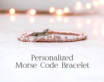 Custom Rose Gold Morse Code Bracelet Beaded Bracelet Stack Best Friend Gift Idea Personalized Gift for Her Unique Jewelry Memorial Jewelry