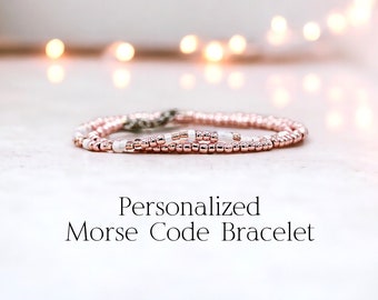 Custom Rose Gold Morse Code Bracelet Beaded Bracelet Stack Best Friend Gift Idea Personalized Gift for Her Unique Jewelry Memorial Jewelry