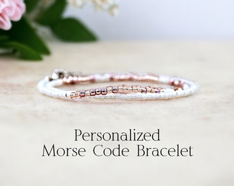 Rose Gold Custom Morse Code Bracelet, Beaded Bracelet Stack, Best Friend Gift Idea, Personalized Gift for Her, Unique Jewelry, Custom Quote