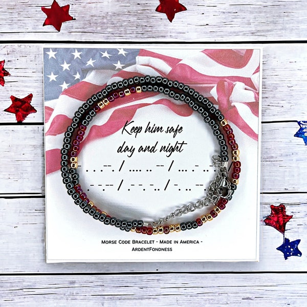 Keep Him Safe Day and Night Morse Code Prayer Bracelet, US Military Mom Girlfriend Wife Graduation Gift Basic Training Military Gift Sister