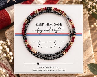 Keep Him Safe Day and Night Morse Code Beaded Bracelet for US Military Family Prayer Gift Keepsake USA United States Jewelry Patriotic Wife