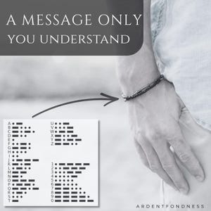 May include: A dark beaded bracelet featuring metallic Morse code elements. The image includes a text overlay reading A MESSAGE ONLY YOU UNDERSTAND and a Morse code reference chart with letters A through Z and numbers 0 through 9 displayed below.