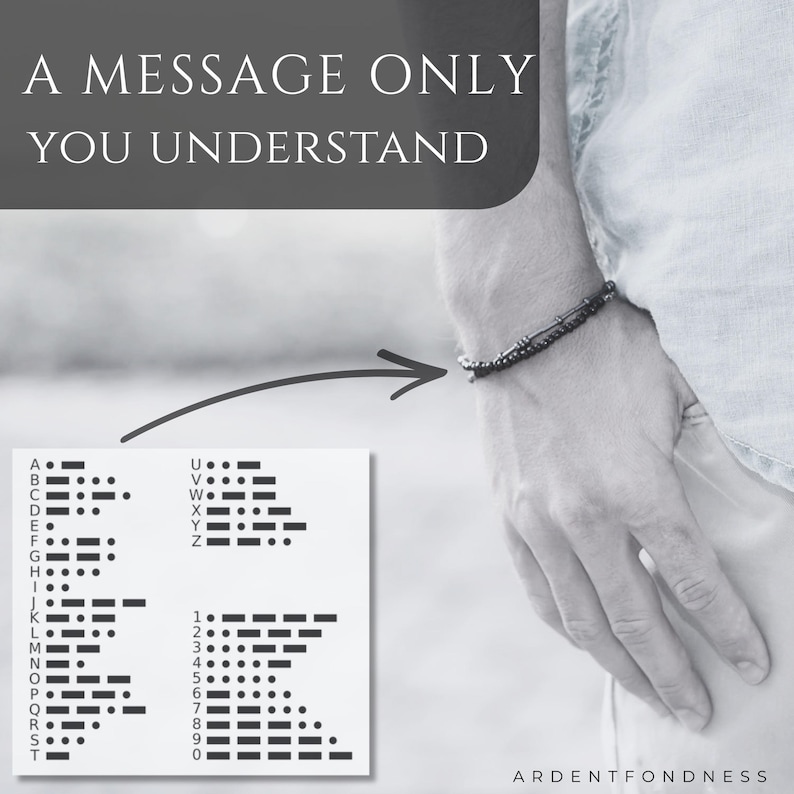 May include: A dark beaded bracelet featuring metallic Morse code elements. The image includes a text overlay reading A MESSAGE ONLY YOU UNDERSTAND and a Morse code reference chart with letters A through Z and numbers 0 through 9 displayed below.
