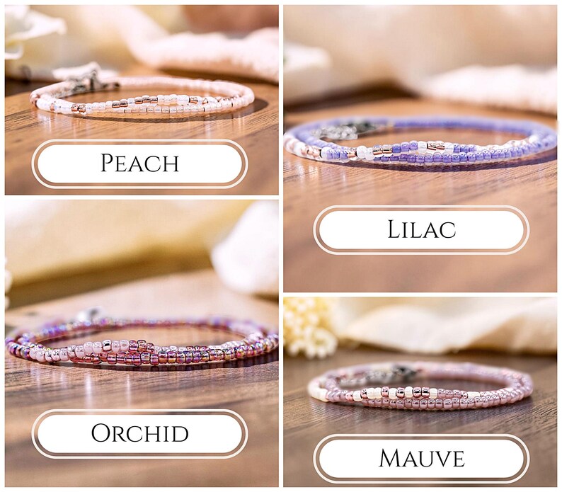 May include: A collection of four delicate beaded bracelets in peach, lilac, orchid, and mauve colorways. Each bracelet features small, uniform glass beads in tonal shades with metallic accents and a silver-toned metal clasp closure.