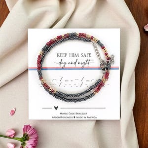 Keep Him Safe Day and Night Morse Code Beaded Bracelet for US Military Family Prayer Gift Keepsake USA United States Jewelry Patriotic Wife