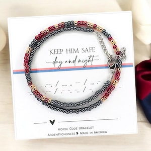 Keep Him Safe Day and Night Morse Code Beaded Bracelet for US Military Family Prayer Gift Keepsake USA United States Jewelry Patriotic Wife