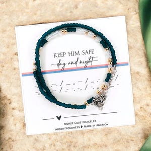 Keep Him Safe Day and Night Morse Code Prayer Bracelet United States Military Protection Prayer Jewelry for Mom Girlfriend Wife Daughter